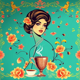 A captivating wallpaper graphic design for a coffee shop, inspired by the famous Lebanese singer Fairouz