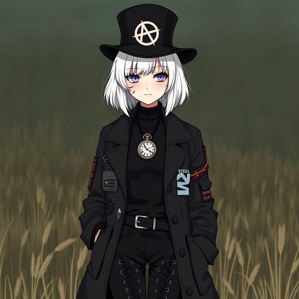 An adult female character standing in a field