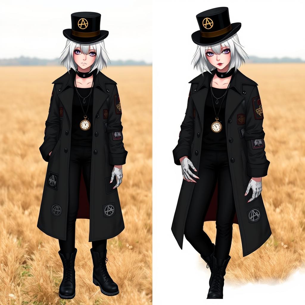 An adult female character with a striking appearance stands confidently in a field