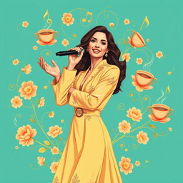 A beautifully designed wallpaper graphic for a coffee shop, inspired by the iconic Lebanese singer Fairouz