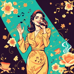 A beautifully designed wallpaper graphic for a coffee shop, inspired by the iconic Lebanese singer Fairouz