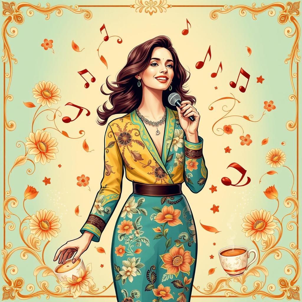 A beautifully designed wallpaper graphic for a coffee shop, inspired by the iconic Lebanese singer Fairouz