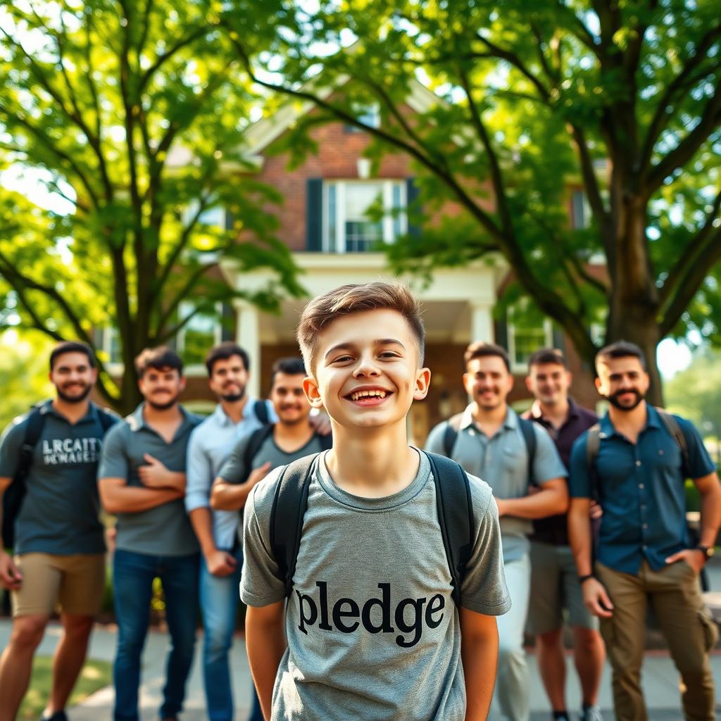A dynamic and joyful scene depicting a cute, petite gay fraternity pledge in the foreground, proudly wearing a shirt that reads 'pledge'
