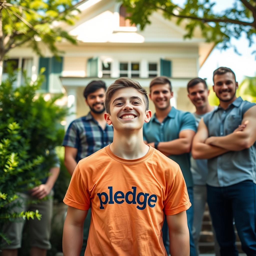 An inviting scene showcasing a cute, petite gay fraternity pledge joyfully standing in the foreground, wearing a vibrant shirt that says 'pledge'