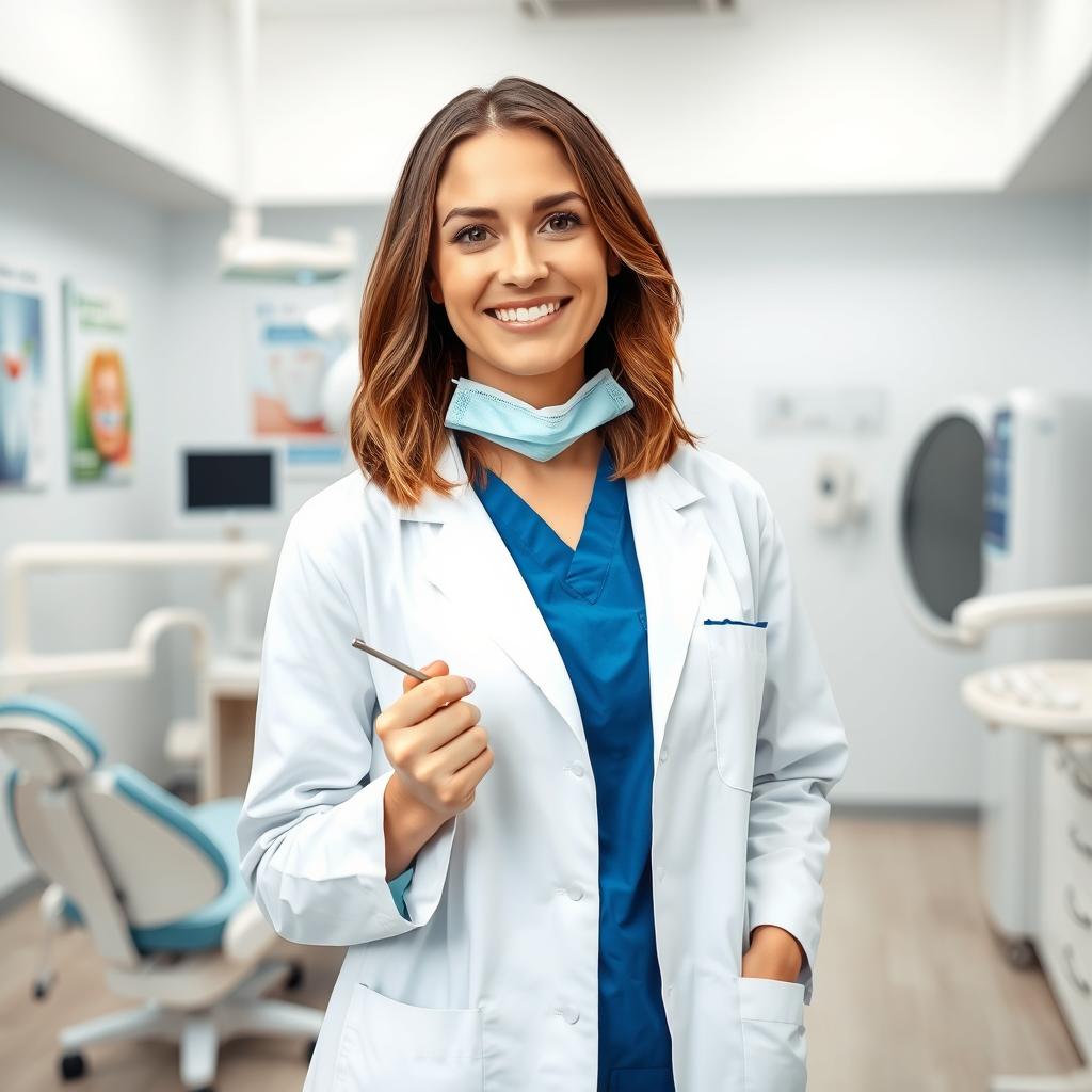 A friendly female dentist in a modern dental clinic, wearing a professional white lab coat, blue scrubs, and a surgical mask, standing confidently with a dental tool in her hand
