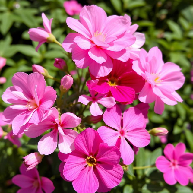 A vibrant and lush arrangement of blooming pink flowers with varying shades, including light pastel pink and deep magenta