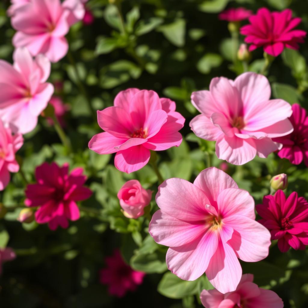 A vibrant and lush arrangement of blooming pink flowers with varying shades, including light pastel pink and deep magenta