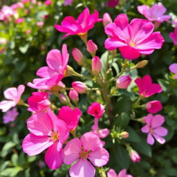 A vibrant and lush arrangement of blooming pink flowers with varying shades, including light pastel pink and deep magenta