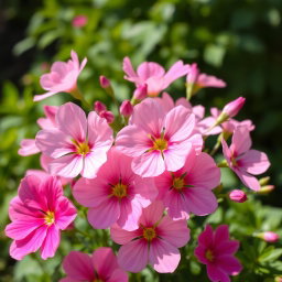 A vibrant and lush arrangement of blooming pink flowers with varying shades, including light pastel pink and deep magenta