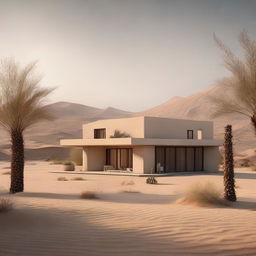 A serene and beautiful desert landscape featuring an exquisite and well-equipped house, symbolizing a princess's refuge. The house should neither be lavish nor underwhelming, rather a perfect blend of luxury and minimalist aesthetic.