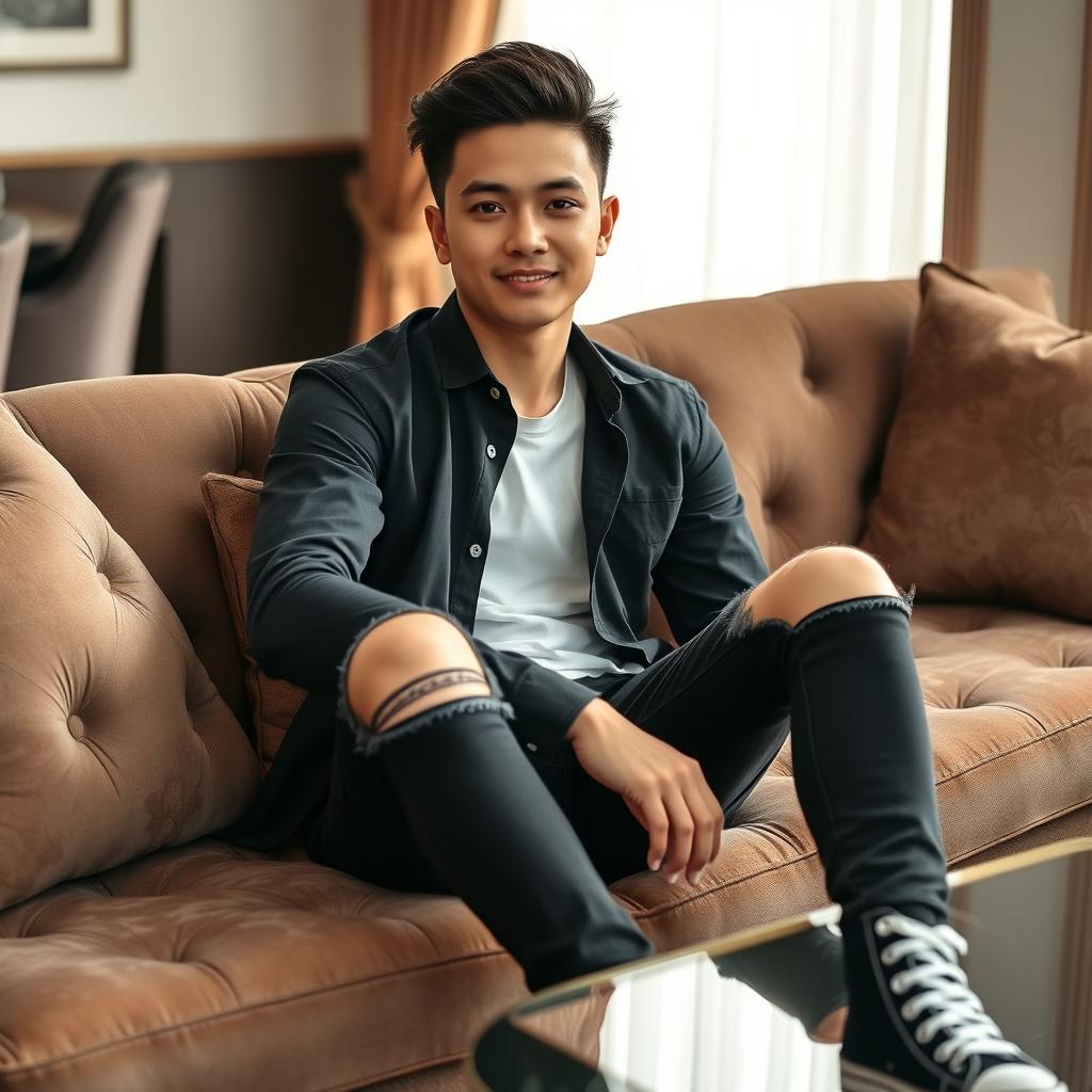 A young Asian man with a quiff haircut is sitting casually on a luxurious living room sofa, surrounded by morning light