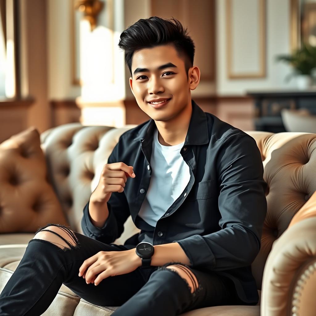 A young Asian man with a quiff haircut is sitting casually on a luxurious living room sofa, basked in soft morning light