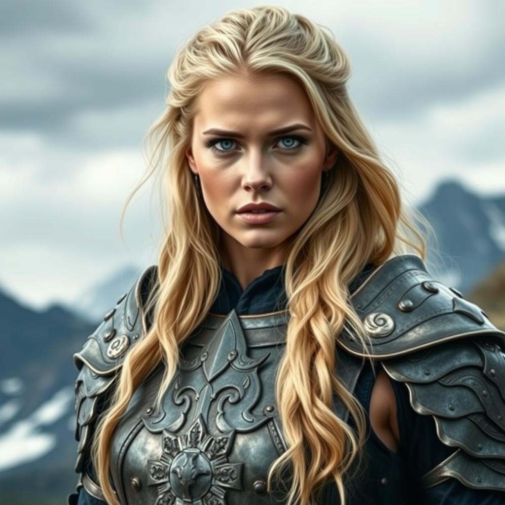 A beautiful Valkyrie woman with fair skin, around 19 years old, wearing elegant Viking armor that highlights her warrior status