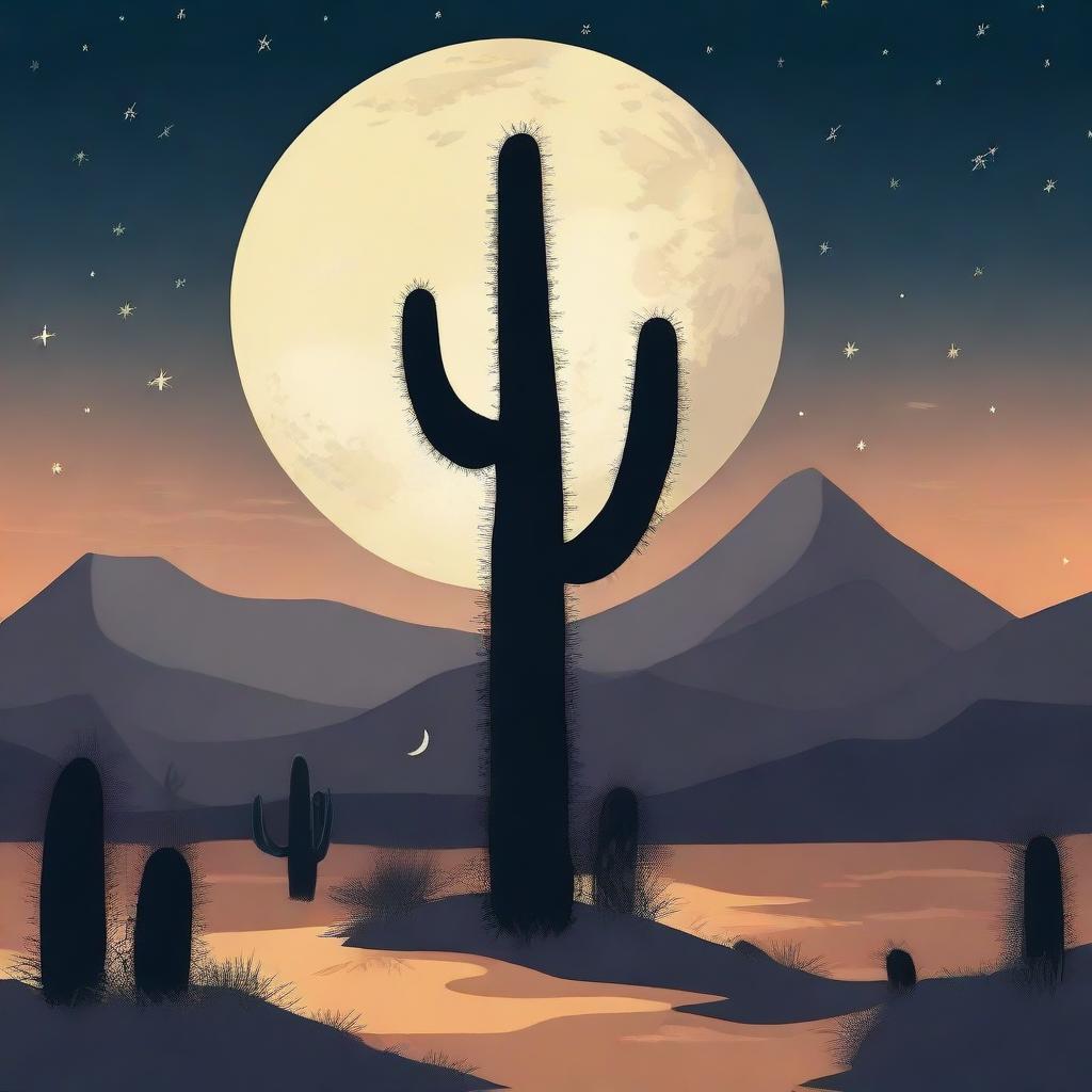 An enchanting desert night scene with sharp silhouettes of towering cactus against a luminescent moon. The sky should be teeming with stars, illuminating the beauty of the surrounding wilderness.