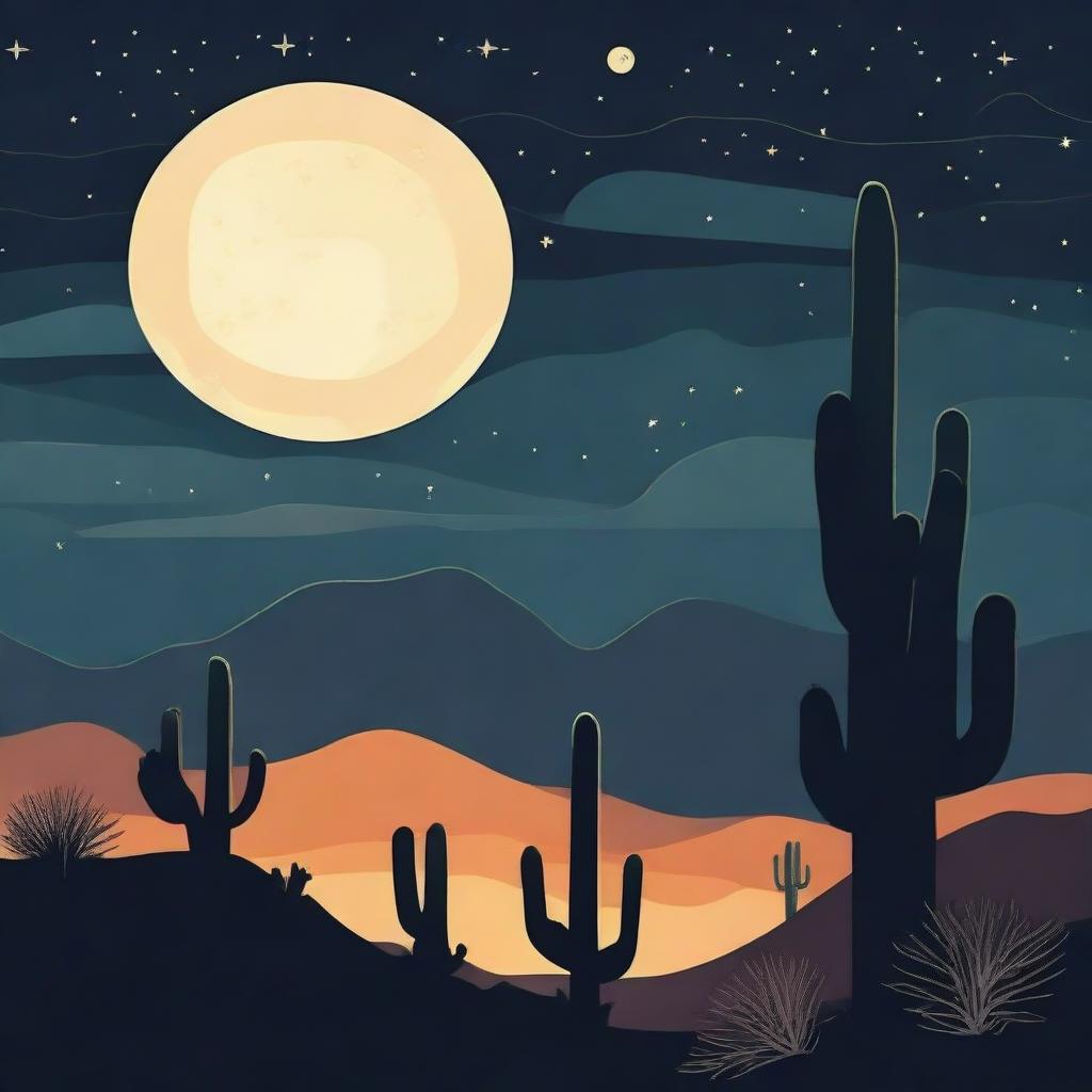 An enchanting desert night scene with sharp silhouettes of towering cactus against a luminescent moon. The sky should be teeming with stars, illuminating the beauty of the surrounding wilderness.