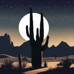 An enchanting desert night scene with sharp silhouettes of towering cactus against a luminescent moon. The sky should be teeming with stars, illuminating the beauty of the surrounding wilderness.