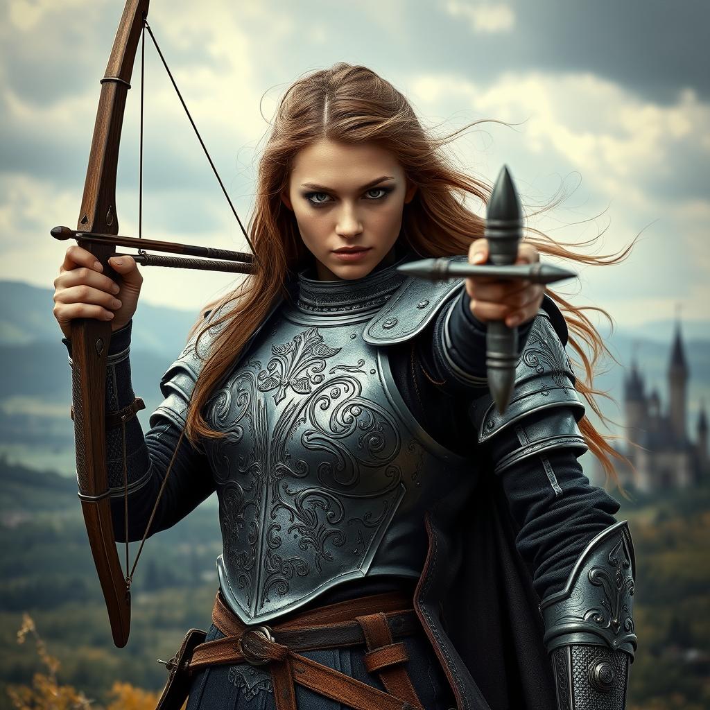 A fierce female medieval warrior stands confidently with her crossbow aimed at the viewer