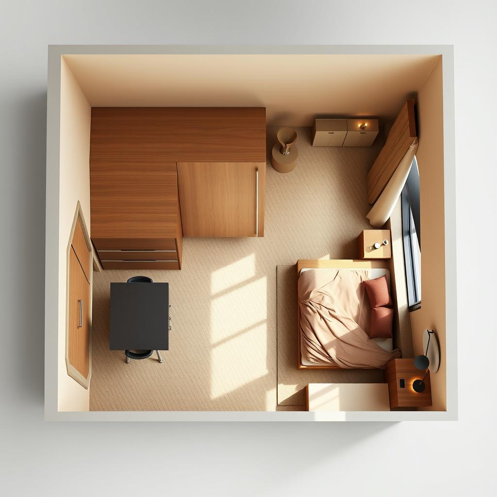 Bird's eye (top-down) 3D view of a small bedroom (about 10 square meters) with a modern and luxurious design
