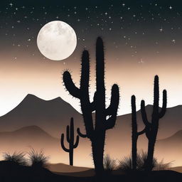 An enchanting desert night scene with sharp silhouettes of towering cactus against a luminescent moon. The sky should be teeming with stars, illuminating the beauty of the surrounding wilderness.