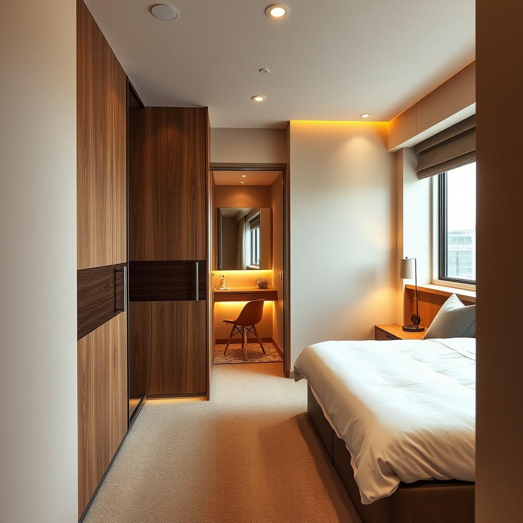 A perspective from the doorway looking into a small bedroom with a modern, luxurious design
