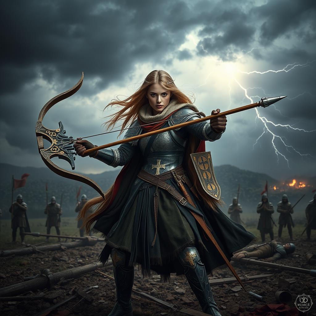 A powerful and mystical female crossbowman, dressed in sturdy medieval armor adorned with Christian symbols
