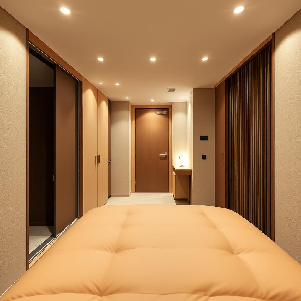 A perspective from the elevated bed, looking across a cozy 10-square-meter bedroom toward the door