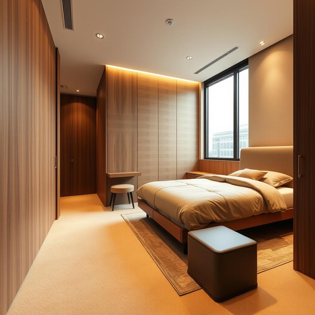 A perspective from the corner near the built-in sliding wardrobe, looking diagonally across a cozy 10-square-meter bedroom toward the elevated bed on the right side near a large window