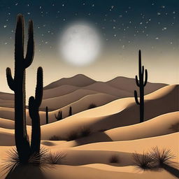 A photorealistic rendition of a desert night scene. The towering cactus silhouettes casting shadows under a bright moon. The sky teems with stars, casting their serene light upon the softly undulating sand dunes.