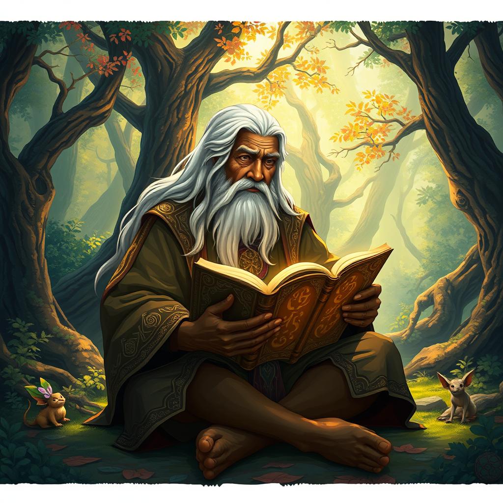 An illustration in a fantasy style depicting an elderly male sage with dark skin, sitting cross-legged on the ground in a dense forest