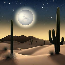 A photorealistic rendition of a desert night scene. The towering cactus silhouettes casting shadows under a bright moon. The sky teems with stars, casting their serene light upon the softly undulating sand dunes.