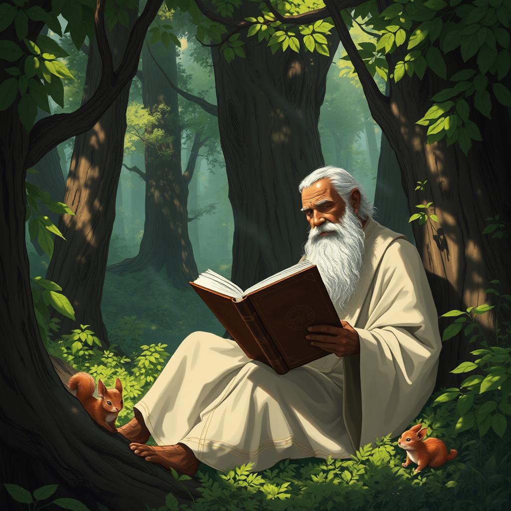 An illustration depicting an elderly male sage with dark skin, sitting in a dense forest