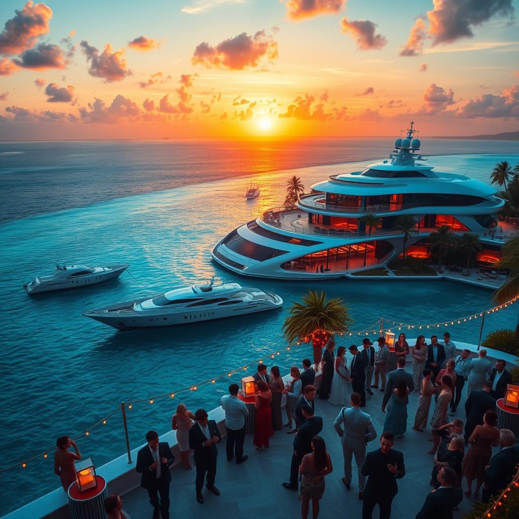 A dramatic and captivating cinematic scene showcasing a luxurious billionaire's island