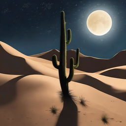 A photorealistic rendition of a desert night scene. The towering cactus silhouettes casting shadows under a bright moon. The sky teems with stars, casting their serene light upon the softly undulating sand dunes.