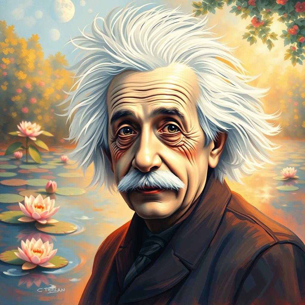 A surreal impressionist painting of Albert Einstein, depicted in the style of Claude Monet