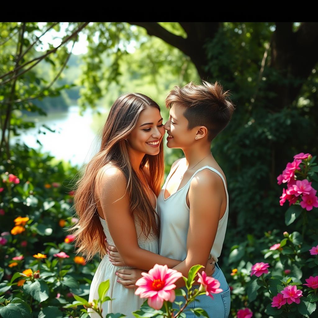 Two beautiful adult models closely positioned together in a lush natural setting, surrounded by vibrant greenery and blooming flowers