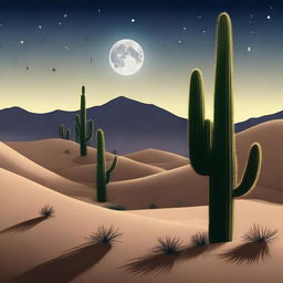 A photorealistic rendition of a desert night scene. The towering cactus silhouettes casting shadows under a bright moon. The sky teems with stars, casting their serene light upon the softly undulating sand dunes.