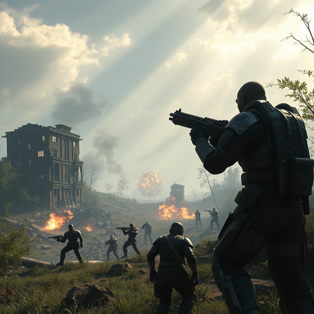 A stunning in-engine scene inspired by the Gears of War universe, showcasing a post-apocalyptic battlefield with advanced sci-fi elements