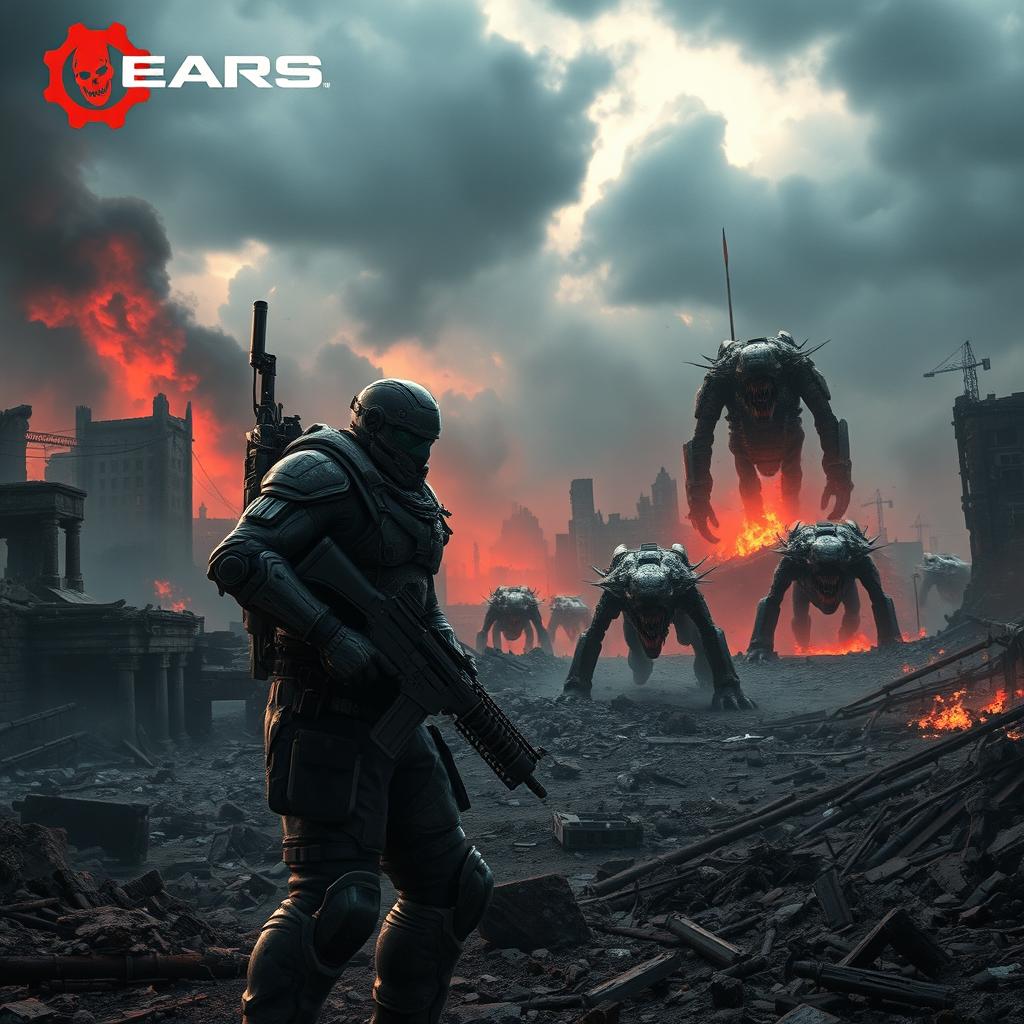 A highly detailed, cinematic image capturing a post-apocalyptic battlefield inspired by the Gears of War universe, showcasing massive destruction and ruins of a once-thriving city