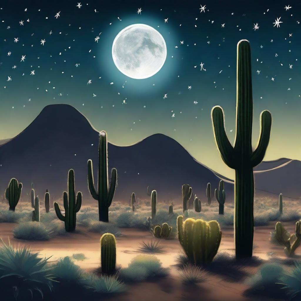 A hyper-realistic illustration of a desert night scene filled with silhouettes of towering cacti under the silvery moonlight. The sky saturated with stars forming a breathtaking luminous landscape.