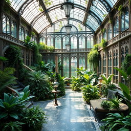 A stunning greenhouse inspired by Beauxbatons Academy from the Harry Potter universe, featuring elegant French architectural elements such as ornate glass panels, intricate wrought iron details, and lush greenery