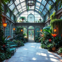 A stunning greenhouse inspired by Beauxbatons Academy from the Harry Potter universe, featuring elegant French architectural elements such as ornate glass panels, intricate wrought iron details, and lush greenery