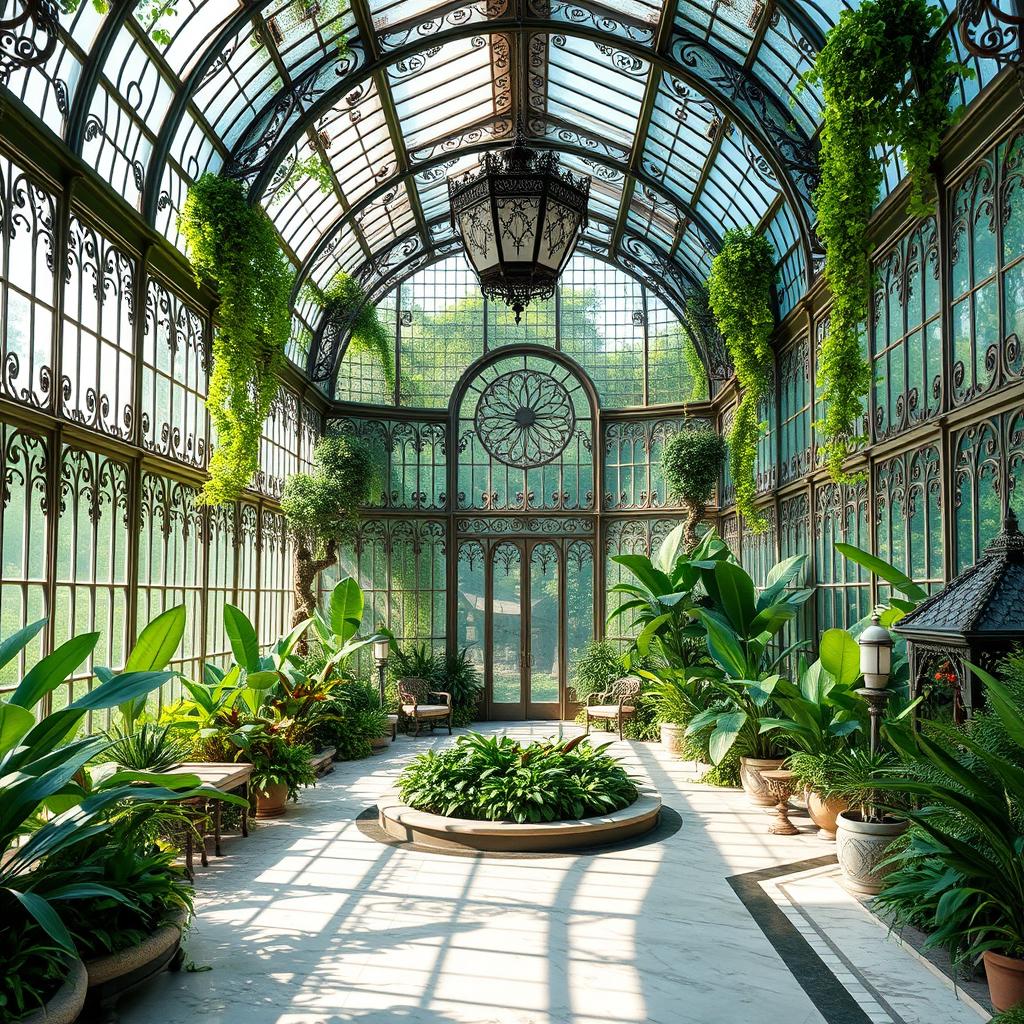 A stunning greenhouse inspired by Beauxbatons Academy from the Harry Potter universe, featuring elegant French architectural elements such as ornate glass panels, intricate wrought iron details, and lush greenery