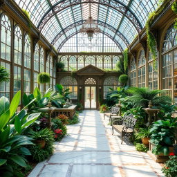 A stunning greenhouse inspired by Beauxbatons Academy from the Harry Potter universe, featuring elegant French architectural elements such as ornate glass panels, intricate wrought iron details, and lush greenery