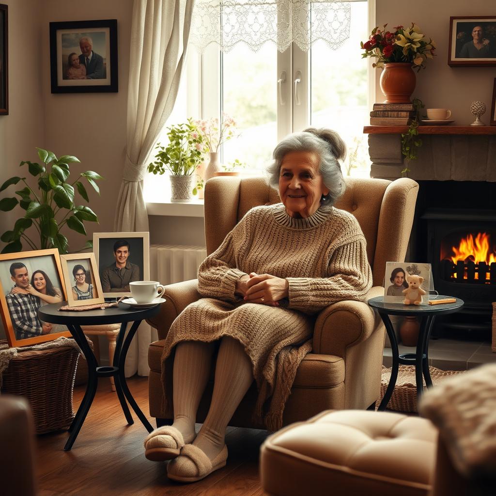 A warm and inviting scene of a loving grandmother sitting in a cozy armchair, surrounded by family photos