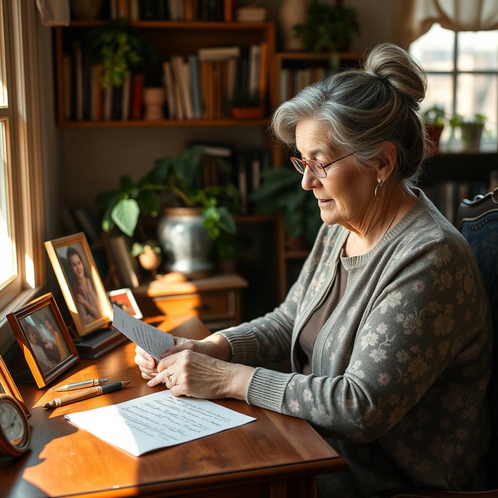 A cozy, warm scene of a grandmother sitting at an antique wooden desk, writing a heartfelt letter