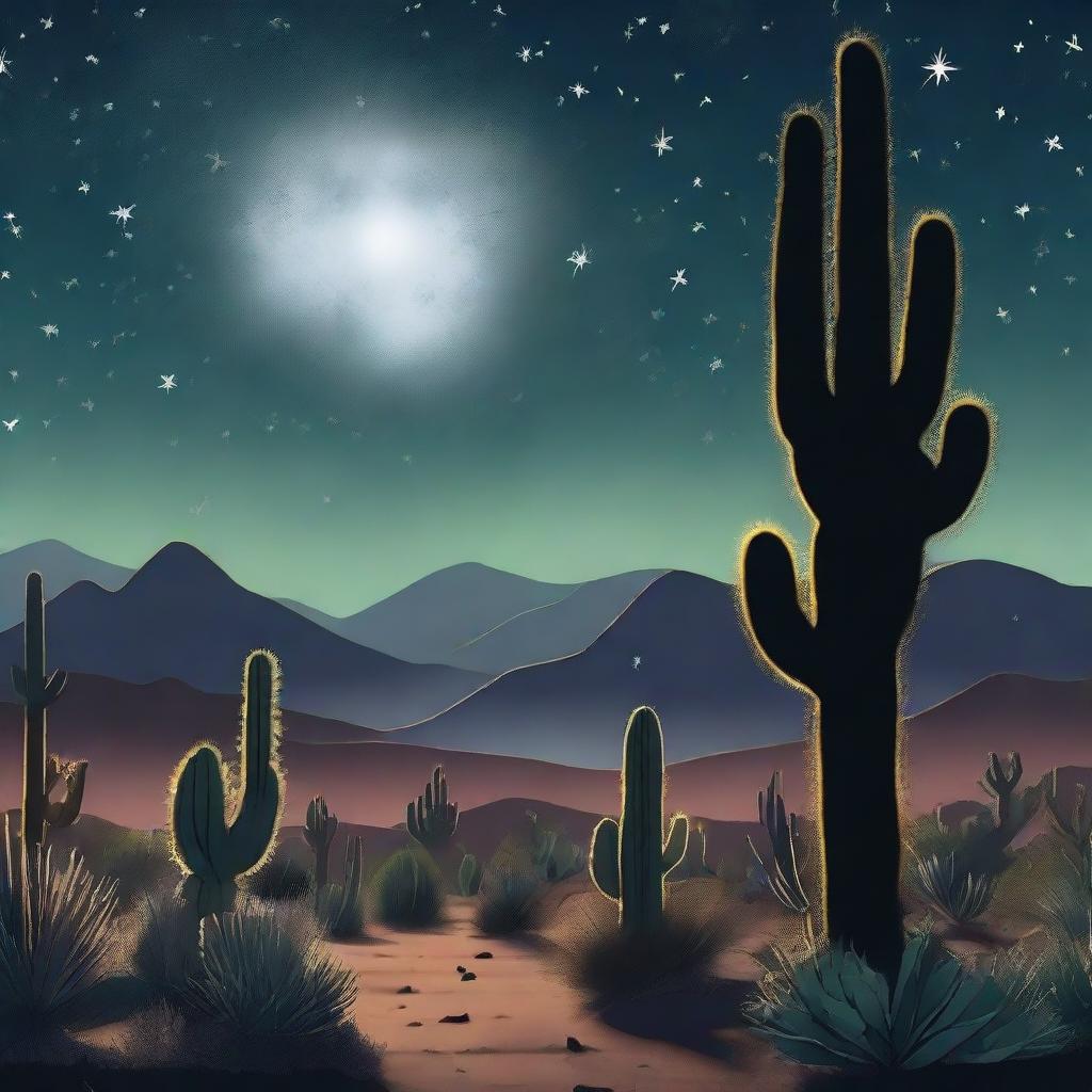 A hyper-realistic illustration of a desert night scene filled with silhouettes of towering cacti under the silvery moonlight. The sky saturated with stars forming a breathtaking luminous landscape.