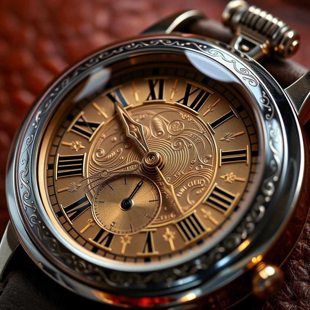 A detailed close-up of a luxurious vintage watch dial, showcasing intricate engravings and a polished finish