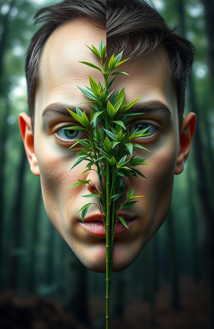 A surreal image of a human face split down the middle, with each half displaying different expressions