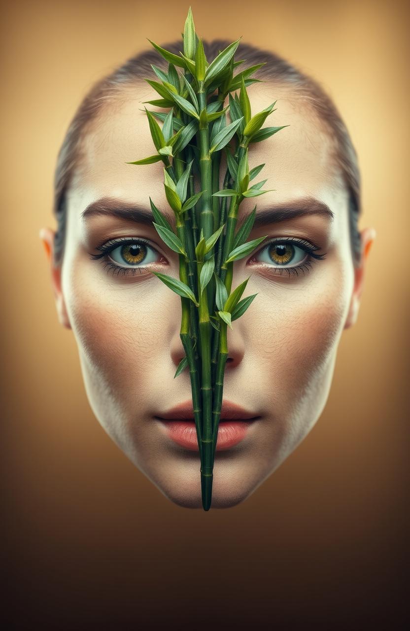A surreal and thought-provoking close-up portrait of a face split open down the middle, revealing a vibrant and lush growth of bamboo sprouting from the center