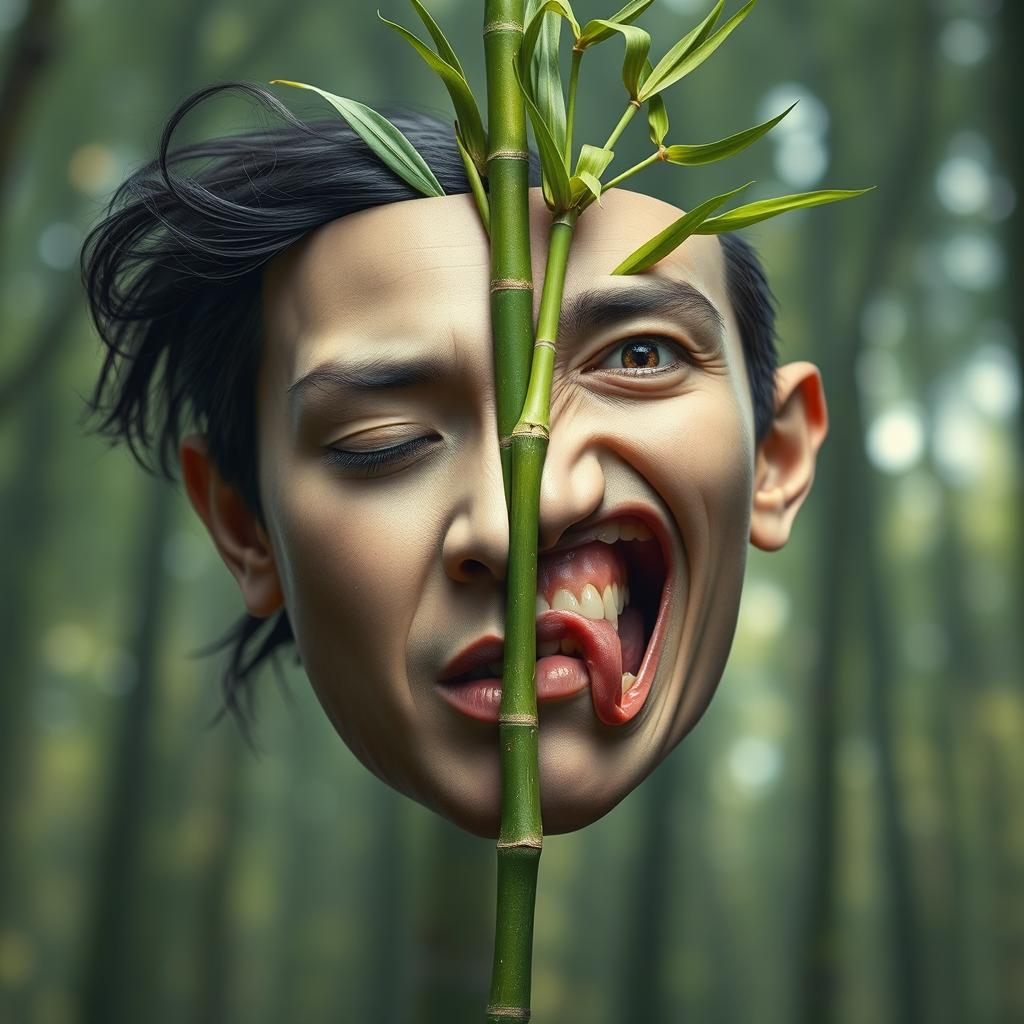 A surreal and striking image of a human face detached from its body, suspended in midair
